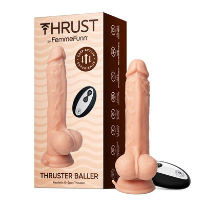 Realistic flesh-toned thrusting dildo with suction base and wireless remote next to product packaging.