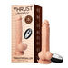 Realistic flesh-toned thrusting dildo with suction base and wireless remote next to product packaging.
