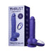 Purple realistic thrusting dildo with suction base and wireless remote next to its branded packaging box.