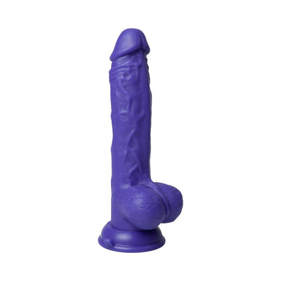 Purple realistic textured dildo with suction base and detailed veins and testicles.