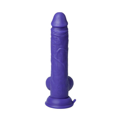 Purple realistic textured thrusting dildo with suction base and control buttons on front.