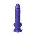 Purple realistic textured thrusting dildo with suction base and control buttons on front.