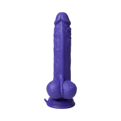 Purple realistic textured dildo with suction base, detailed veins, and adjustable thrusting feature.