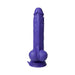 Purple realistic textured dildo with suction base, detailed veins, and adjustable thrusting feature.