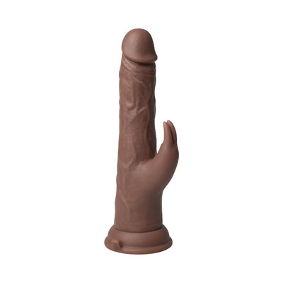 Realistic brown silicone Thruster Rabbit vibrator with clitoral stimulator and suction base on white background.