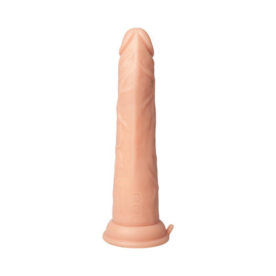Realistic flesh-toned thrusting vibrator with suction base and control buttons on smooth silicone surface.