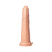 Realistic flesh-toned thrusting vibrator with suction base and control buttons on smooth silicone surface.