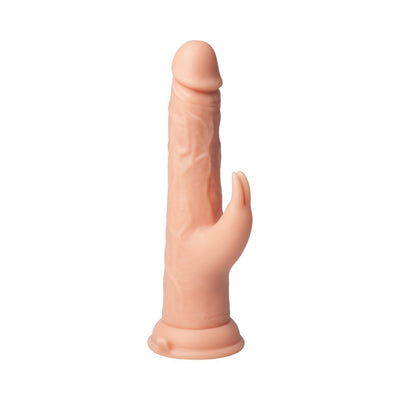Realistic flesh-toned rabbit vibrator with textured shaft and suction base on white background