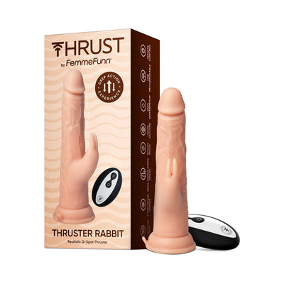 Realistic flesh-toned Thruster Rabbit G-Spot vibrator with remote control and packaging box.