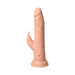 Realistic flesh-toned thrusting vibrator with clitoral stimulator and suction base for hands-free use