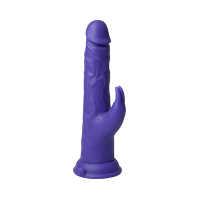 Purple silicone thrusting rabbit vibrator with textured shaft and dual stimulation arm on suction base.