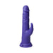 Purple silicone thrusting rabbit vibrator with textured shaft and dual stimulation arm on suction base.