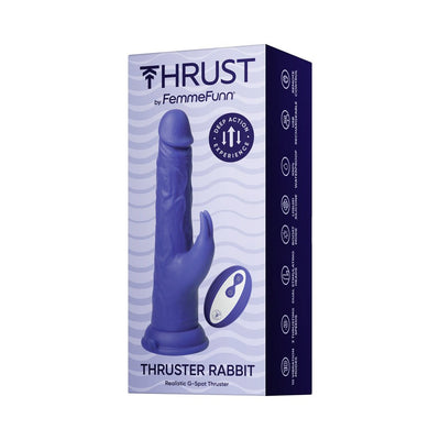 Packaging of the Thruster Rabbit by FemmeFunn, a purple realistic G-spot thurster with wireless remote control.