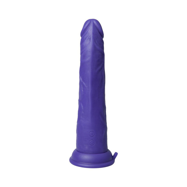 Purple realistic textured silicone thrusting vibrator with suction base and control buttons.
