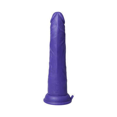 Purple realistic textured silicone thrusting vibrator with suction base and control buttons.
