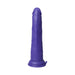 Purple realistic textured silicone thrusting vibrator with suction base and control buttons.