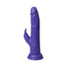 Purple realistic textured rabbit vibrator with suction base and curved clitoral stimulator.