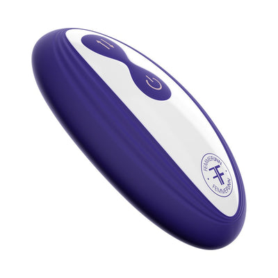 Purple and white wireless remote control with power and thrust buttons for the Thruster Rabbit vibrator.