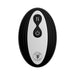 Black and white wireless remote control for Thruster Shaft Thrusting Dildo with power and thrust buttons.