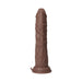 Realistic textured brown thrusting dildo with suction base and quick release pull tab, standing upright on white background.