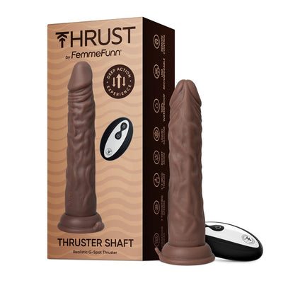 Realistic brown thrusting dildo with textured surface and wireless remote, displayed next to its packaging box.