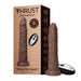 Realistic brown thrusting dildo with textured surface and wireless remote, displayed next to its packaging box.