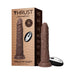 Realistic brown thrusting dildo with suction base and wireless remote, displayed next to its branded packaging box.