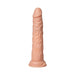 Realistic flesh-toned thrusting dildo with textured surface and suction base on white background