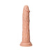 Realistic flesh-toned thrusting dildo with textured surface and suction base on white background.