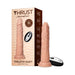 Realistic flesh-toned thrusting dildo with suction base and wireless remote, displayed with packaging box.