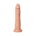 Realistic flesh-toned thrusting dildo with textured shaft, suction base, and control buttons on a white background.