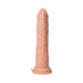 Realistic textured thrusting dildo in flesh tone with suction base and quick release pull tab.
