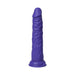 Purple realistic textured thrusting dildo with suction base and control buttons on white background