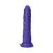 Purple realistic textured thrusting dildo with suction base and quick release pull tab.