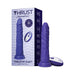 Purple realistic textured thrusting dildo with suction base and wireless remote, displayed next to its packaging box.