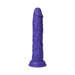 Purple thrusting dildo with textured shaft and suction base on white background