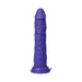 Purple realistic textured thrusting dildo with suction base and control buttons on the shaft.