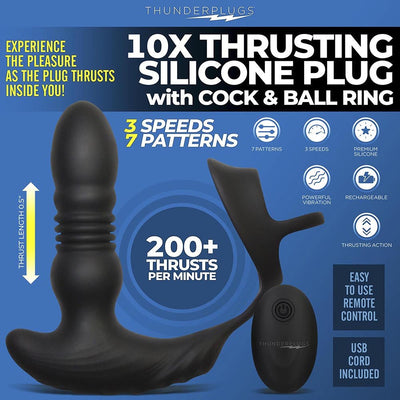 Black thrusting silicone plug with cock and ball ring, remote control, and USB charging cord on blue background with product features.