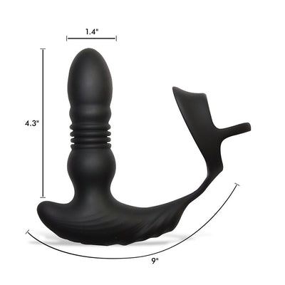Black silicone thrusting vibrator with integrated cock and ball ring, shown with dimensions on a white background.