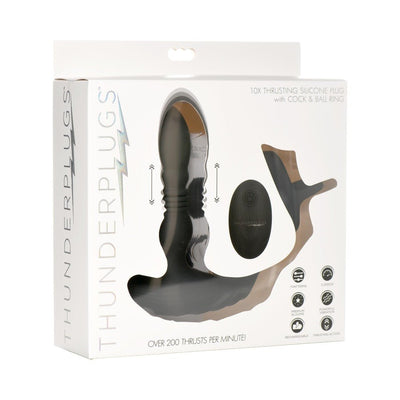 Packaging of a black thrusting silicone plug with cock and ball ring and a wireless remote control by Thunderplugs.