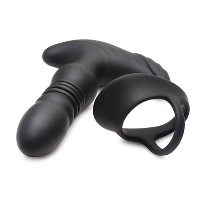 Black silicone thrusting vibrator with attached cock and ball ring, designed for male pleasure and remote control use.