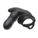 Black silicone thrusting vibrator with attached cock and ball ring, designed for male pleasure and remote control use.