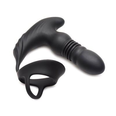 Black silicone thrusting vibrator with textured shaft and attached cock and ball ring on white background.
