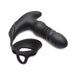 Black silicone thrusting vibrator with textured shaft and attached cock and ball ring on white background.
