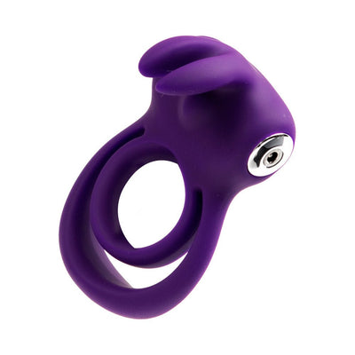 Purple silicone dual ring with a contoured vibrating motor and flexible design for enhanced shared pleasure.