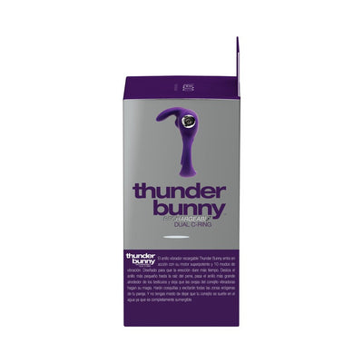 Packaging box of the Thunder Bunny rechargeable dual cock ring in purple and gray with product image and description.