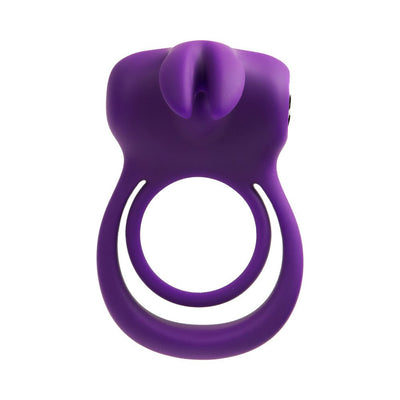Purple silicone dual cock ring with contoured design and vibrating motor, designed for enhanced shared pleasure.