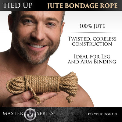 Smiling man holding a coiled natural jute bondage rope with product details on a white background.