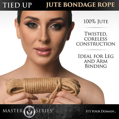 Close-up of a woman holding a natural twisted jute bondage rope, highlighting its coreless construction and suitability for leg and arm binding.