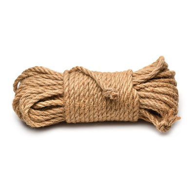Coiled natural undyed jute bondage rope, 50 feet long, with a textured, twisted fiber appearance.